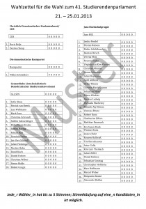 Wahlzettel für die Wahl zum 41. Studierendenparlament